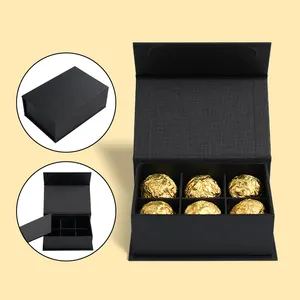 Wholesale Luxury Magnetic Black Chocolate Candy Packaging Gift Paper Cardboard Box With Divider For Slots Chocolate Packing