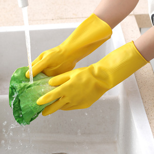 Guantes de goma para el hogar, impermeables, antideslizantes, para lavar platos, para limpieza y lavandería, color amarillo sólido - Product Image 3