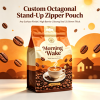 Sachet de café moderne illustré à fond plat, refermable, avec fermeture éclair sur huit côtés, finition mate, pour l'emballage de grains de café de spécialité