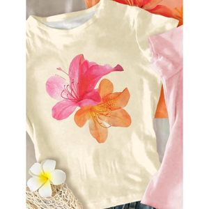 T-shirt décontracté à fleurs pour femme FOXA, manches courtes, col rond, coupe ajustée, haut d'été respirant en polyester tricoté, imprimé par sublimation - Product Image 2