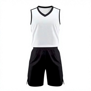 LONG MISSION INDUSTRY Ensemble uniforme de basketball pour homme, maillot blanc sans manches à col en V et short noir, respirant, 100 % polyester, pour adulte - Product Image 1