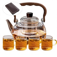 Ensemble de bouilloires en verre personnalisées avec logo, capacité 1000 ml, pour thé, café, jus, eau, avec 4 tasses et poignée en bois