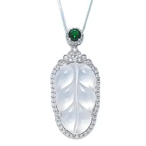 Chinese style Chinese style glass type fluorescent jade 925 silver comparable to jadeite white jade pulp leaf necklace pendant