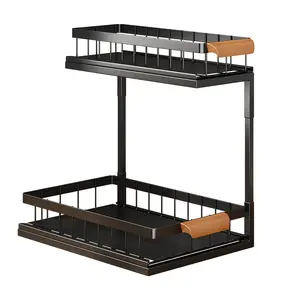 Giá bất ngờ đen nhựa dưới bồn rửa 2 Tier tổ chức Lưu vực 2 Tier Rack dưới bồn rửa tổ chức