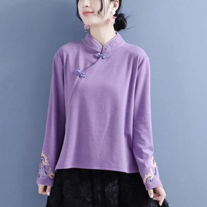 Women's Traditional Chinese Style Stand Collar Shirt Long Sleeve Embroidered Purple Slim Fit Spring Autumn Base Layer - Product Image 1