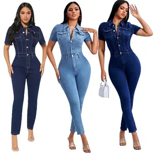 Gemi hazır S-2XL 2023 tek parça kısa kollu denim kot tulumlar oyun bodysuits