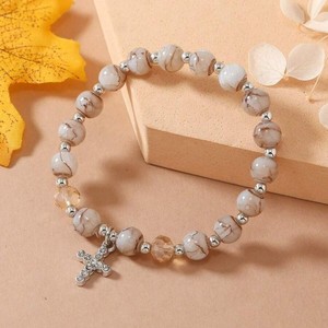 Braccialetto con Ciondolo a Croce di Diamanti, Gioiello Religioso Cristiano con Perline Colorate in Pietra Naturale, Elastico Unisex, Regalo - Product Image 4