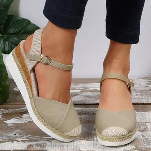 Dropshipping nuevo verano de talla grande para mujer tacón elástico punta abierta cuña plataforma zapatos Slip-On cierre PU plantilla ropa al aire libre - Product Image 2