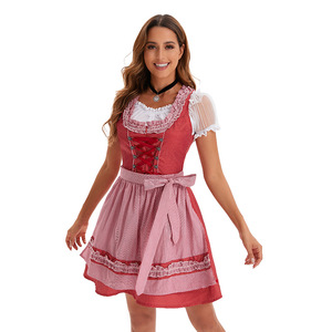Adult Women's <b>Beer</b>-Themed Oktoberfest Dirndl Dress Red Gingham Skirt with Apron Fancy Costume Party Wear - Product Image 2