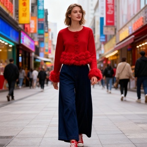 เสื้อสเวตเตอร์ถักแขนยาวลายดอกไม้สำหรับผู้หญิง แต่งระบายชายเสื้อ แฟชั่น - Product Image 6