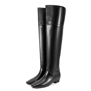 Simple Design Square Toe Shoes Over the Knee High Women Flat <b>Long</b> Boots Wide Top Low Chunky Heels Boots for Ladies - Product Image 2