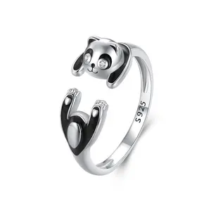 OEM panda high quality enamel statement girls ring stylish unique jewellery adjustable cute animal 925 sterling silver rings