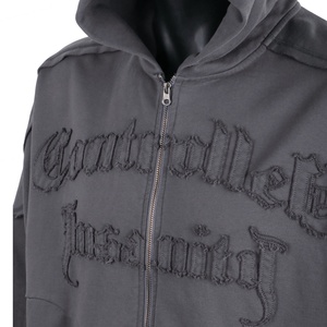 TOPSHOW Streetwear Custom Logo Distressed Applique Embroidered Hoodie Cotton French Terry Patchwork Oversized Zip Hoodie Men - Product Image 3
