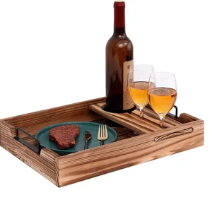 Bandeja de madera con asas para servir vino, soporte de vidrio extraíble, para desayuno antiguo