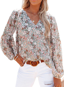 Atasan Wanita Motif Bunga V-Neck untuk Musim Semi, Kemeja Chiffon Kasual untuk Musim Gugur, Atasan Longgar Lengan Panjang Model Lantern, Blus Seksi untuk Bepergian - Product Image 4