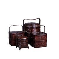 Keranjang anyaman bambu cokelat tua vintage buatan tangan gaya Cina, dua lapis, wadah penyimpanan, kotak makanan, untuk festival