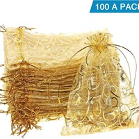 STARUBY Sacs Cadeaux en Organza Doré Effet Tourbillon, Lot de 100, 5x7 Pouces, avec Cordon en Maille et Ruban, Logo Personnalisé, pour Mariage, Fête, Douche Nuptiale, Faveurs de Noël