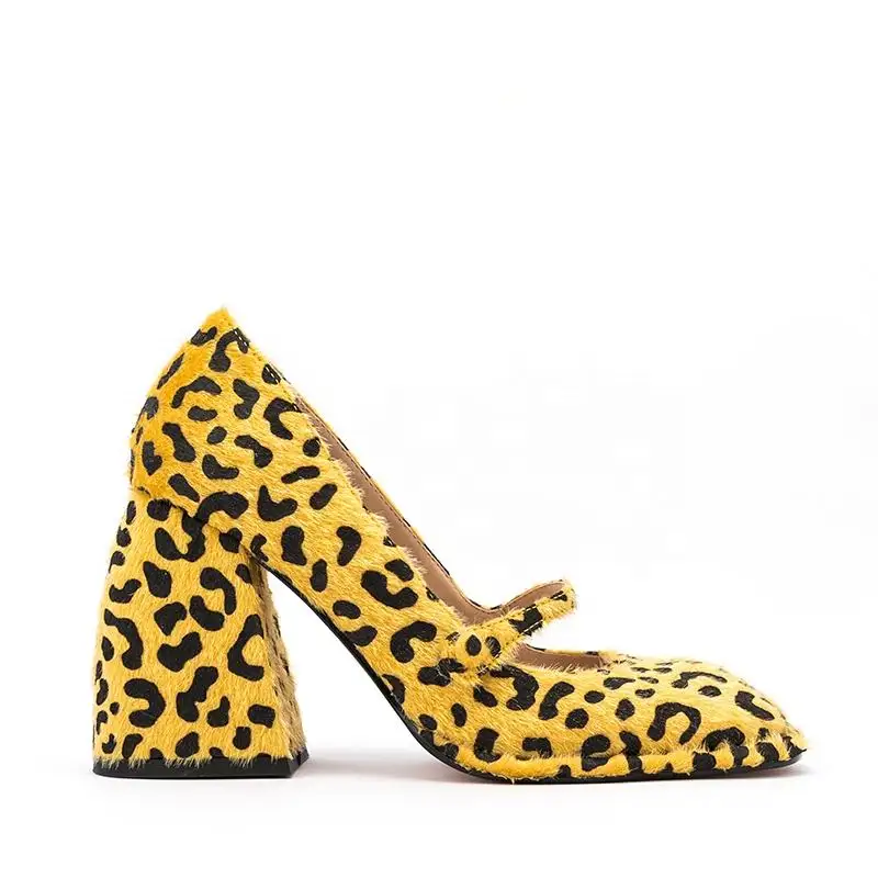 2024 High Quality Custom Logo Women's Footwear Square Toe Faux Horse Hair Mary Jane Pumps Block Heel Customized Leopard Design