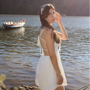 Chic backless Tie Spaghetti dây đeo Loe Váy ngắn chiều dài mùa hè bãi biển Kỳ nghỉ bên giản dị thanh lịch Trắng Ăn mặc - Product Image 2