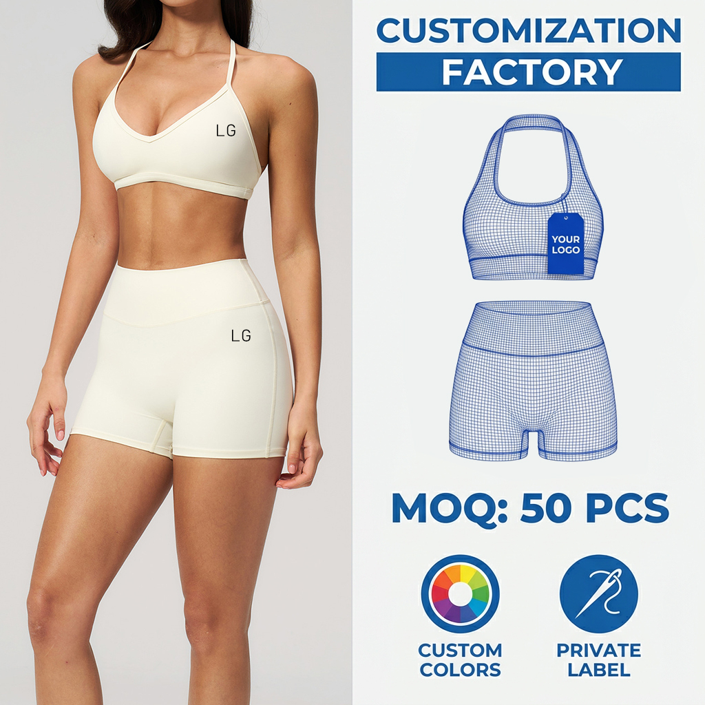 Custom Stitched Halter Neck Yoga Bra And High Waisted Shorts Set Two Piece Athletic Gym Sportswear Workout Suits