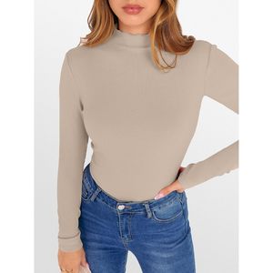 FOXA Top de punto acanalado de manga larga con cuello simulado para mujer, ajuste ceñido, estilo casual elegante, jersey para otoño - Product Image 2