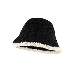 Black Knitted <b>Plush</b> Bucket Hat for Women <b>Large</b> Head Circumference Autumn Winter Korean Style Warm Basin Hat Makes Face Look - Product Image 1