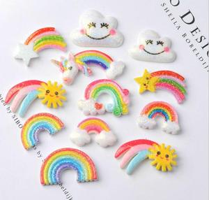 Cabochon à dos plat en résine arc-en-ciel, breloques mignonnes, étoile brillante, lune, licorne, visage souriant, nuage - Product Image 3