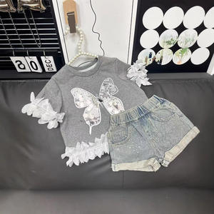 2025 New Arrival Korean Children Clothing Butterfly <strong>Sequined</strong> T Shirt Denim <strong>Shorts</strong> Two Piece Sets <strong>Kids</strong> Girls Summer Clothes - Product Image 3