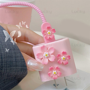 Kawaii Dễ Thương Phim Hoạt Hình 3D Màu Hồng Cherry TPU Silicone USB Bảo Vệ Bìa Đối Với iPhone 18W-20W Dòng Dữ Liệu Đầu Dây Nhanh Chóng Sạc Trường Hợp - Product Image 5