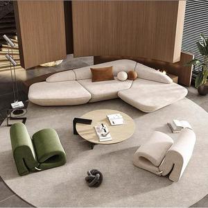Modern High Quality Cream Style Low-Back Irregular Curved Solid <strong>Wood</strong> <strong>Frame</strong> <strong>Sofa</strong> Convertible for Villa Apartment Living Room Use - Product Image 1