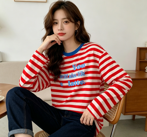 T-shirt à manches longues rayé <span class=keywords><strong>rouge</strong></span> et <span class=keywords><strong>blanc</strong></span> pour <span class=keywords><strong>femme</strong></span>, col <span class=keywords><strong>bleu</strong></span> avec imprimé lettres, haut décontracté - Product Image 5