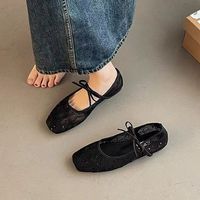 Chaussures plates Mary Jane en maille brodée de dentelle pour femmes, avec nœud, à enfiler, respirantes, pour l'été, style ballerines, noir/beige/rose, logo personnalisé, OEM ODM