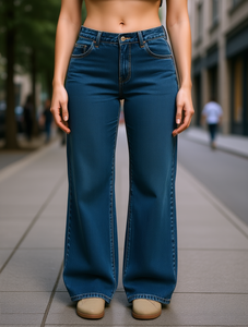 กางเกงขาบานเอวสูงผู้หญิงทรงหลวมความยาวเต็มตัวสไตล์ลำลองสีล้างปานกลางสีทึบผ้าระบายอากาศได้ดีผ้ายืดหยุ่นฤดูใบไม้ร่วง - Product Image 2