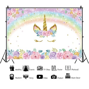 Fondo de cumpleaños de unicornio arcoíris para niña, pancarta de fiesta de unicornio con flores de acuarela coloridas y brillantes dorados, decoración de cumpleaños - Product Image 3