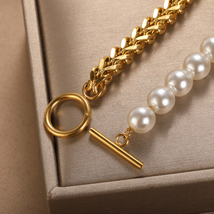 Classic Style 18K <strong>Gold</strong> Plated Stainless Steel <strong>Bracelet</strong> with Cuban Chain OT Buckle Non-Tarnish <strong>Pearl</strong> <strong>Bracelets</strong> for Women Girls - Product Image 6