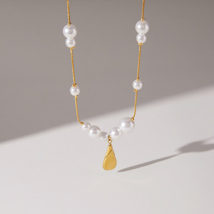 Collier pendentif goutte d'eau en acier inoxydable avec perle, bijoux de mariage, design en U, couleur or, collier tendance - Product Image 4
