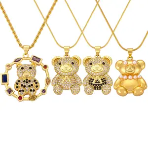 Koreaanse Modieuze Diamanten Bezaaide Teddybeer Koperen Hanger Titanium Stalen Ketting Niche Licht Luxe Veelzijdige Cartoon Ketting