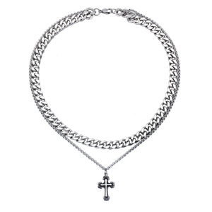 yunnique Minimalist <b>Titanium</b> Steel Double <b>Chain</b> Cross Necklace For Men Stainless Steel Geometric Design Fashion Pendant Jewelry - Product Image 5
