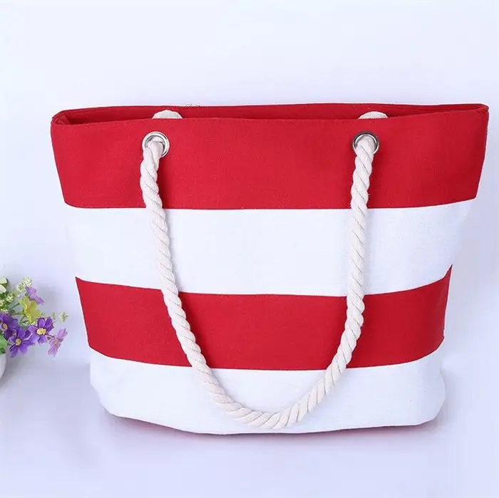 Wholesale blue white stripe canvas tote beach bag with rope handles