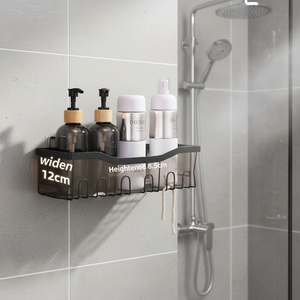 Étagère de douche murale à 2 niveaux en métal avec porte-savon et crochets pour rangement de shampoing, design minimaliste - Product Image 3