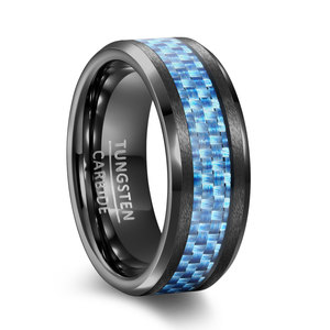 Anillo de Carburo de Tungsteno de 8mm con Incrustaciones de Fibra de Carbono Azul y Negro, Anillo de Boda para Hombre con Diseño Geométrico - Product Image 1