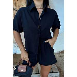 Conjunto de Dos Piezas de Lino Negro Yulia para Mujer, Top Ajustado Informal de Verano y Pantalones Cortos, Tejido de Algodón, Patrón Liso - Product Image 5