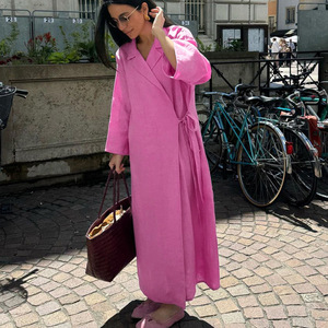 Elegante Chic da donna avvolgente in lino <span class=keywords><strong>rosso</strong></span> con risvolto a maniche <span class=keywords><strong>Kimono</strong></span> con cintura lunga Maxi abito Casual elegante per l'estate tinta unita naturale - Product Image 4