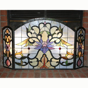 Stained Glass Fireplace <b>Screen</b> 3 Panels Floral Iris Design Traditional Decor Cathedral Shape Solid Handmade <b>Folding</b> Living Room - Product Image 4
