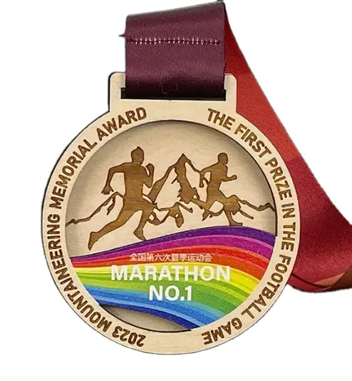 Médaille en bois personnalisée pour vélo randonnée Marathon jeux Souvenir suspendu en bois Laser sculpture médaille