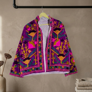 Manteau en velours pour femme grande taille, style bohème, broderie florale à la main, col mandarin, manches longues, vêtement d'extérieur décontracté pour l'automne - Product Image 3