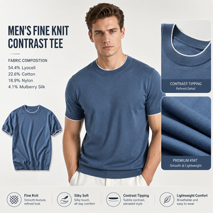 T-shirt à manches courtes pour homme en lyocell, tricotage 14 jauges, respirant, été, logo personnalisé, haut de gamme, léger, doux, col rond - Product Image 1