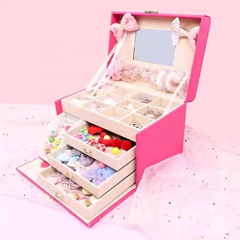 Tragbares Design Mädchenschmuck-Aufbewahrungsbox in rosa mit PU-Leder Haarzubehör Organisator-Tui mit Schloss