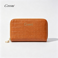 Portefeuille long carré portable en cuir PU effet crocodile Cossni, style rétro tendance, avec tirette de fermeture éclair ronde tendance, logo personnalisé en feuille d'or