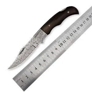 Small rosette Damascus hunting folding pocket knife with sandalwood handle